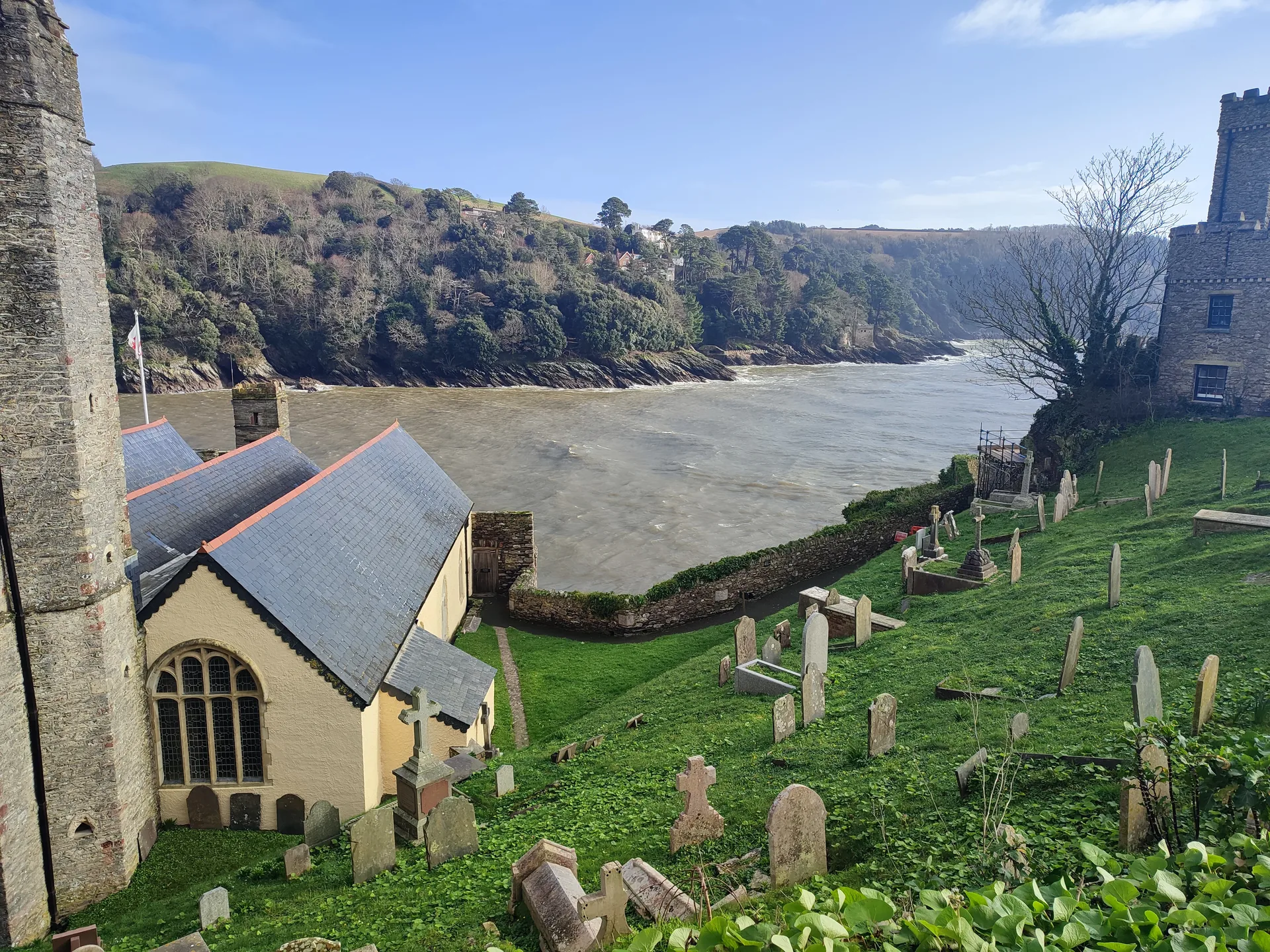 Dartmouth Castle church and cove seen from the castle grounds