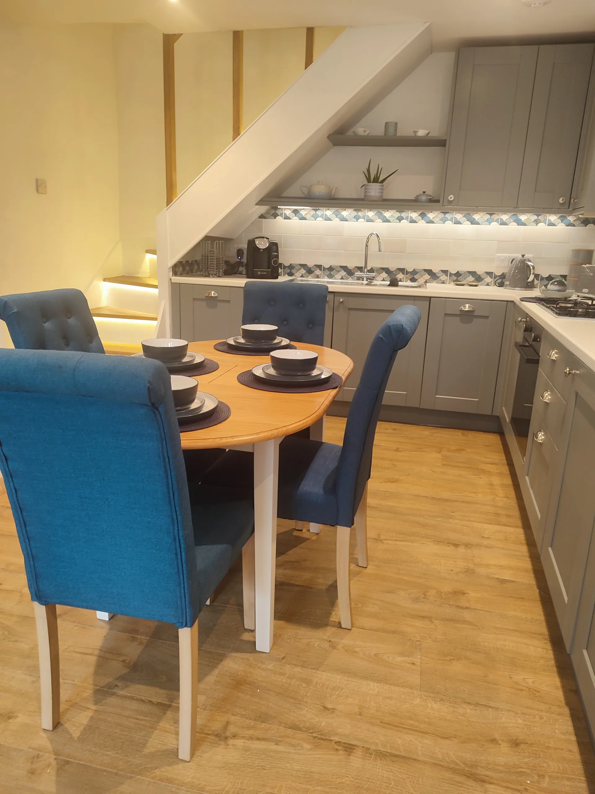 Kitchen lit up in the evening