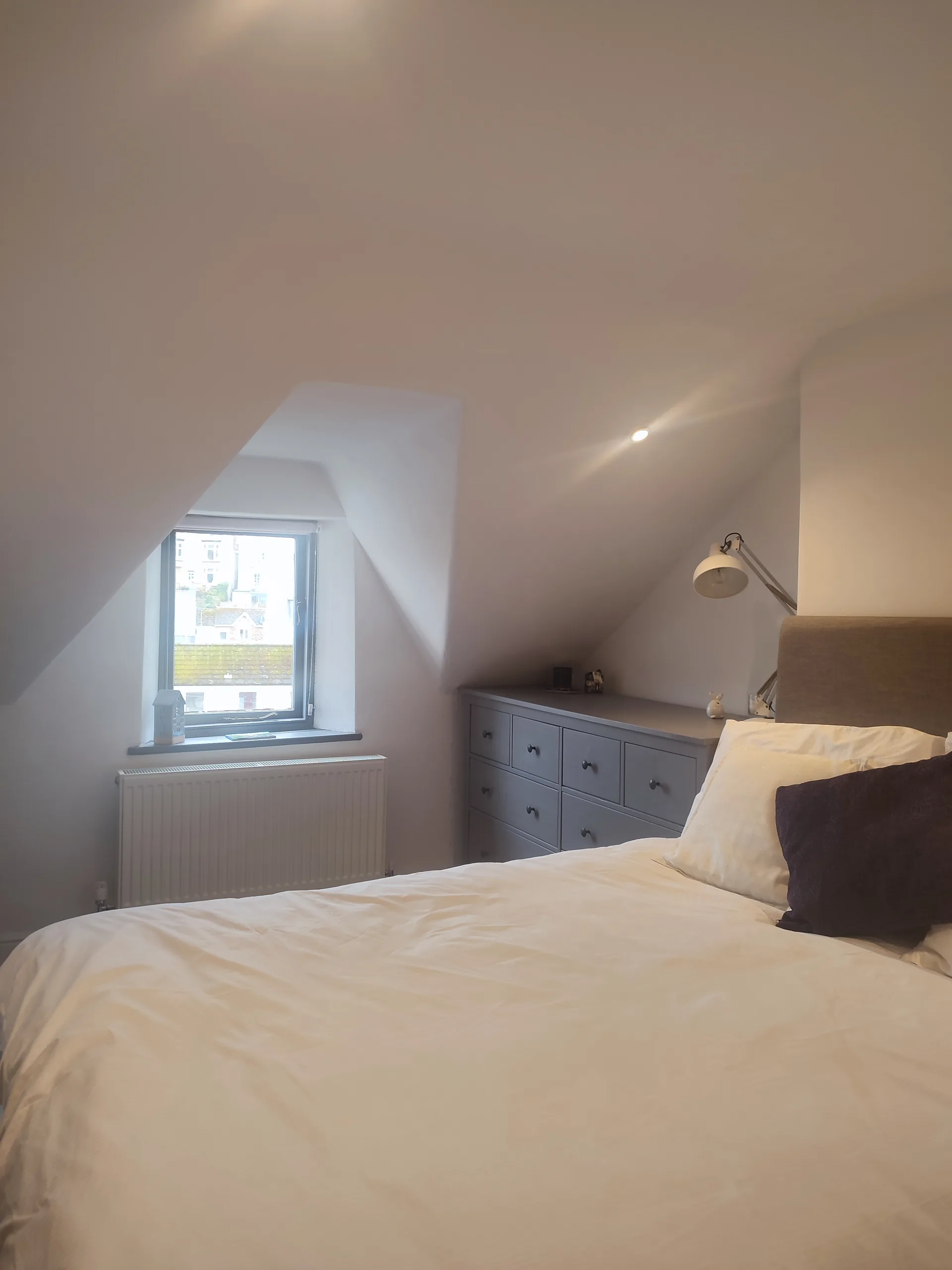 Master bedroom with skylight window and grey dresser